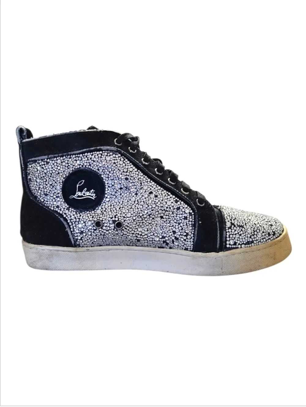 CHRISTIAN LOUBOUTIN | Crystal High-Top Sneakers in Silver and Black EU 44 AS-IS